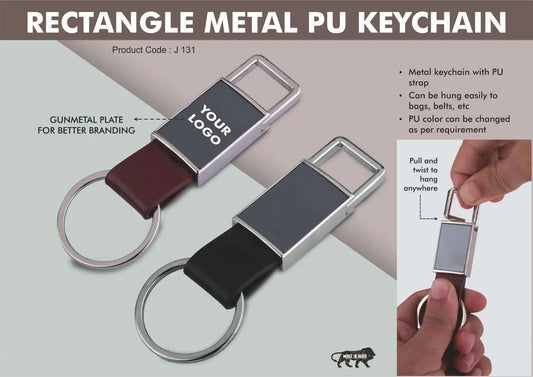 Pull out rectangle metal PU keychain