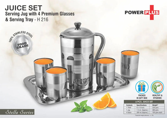 Juice Set: Stainless Steel serving Jug with 4 Premium glasses and Serving Tray