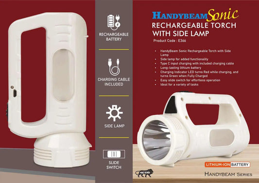 HandyBeam Sonic: Rechargeable Torch with Side Lamp | Charging Cable included