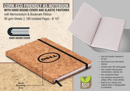 Cork Eco friendly A5 notebook with Hard bound cover and Elastic fastener | With memorandum & Bookmark ribbon | 80 gsm sheets | 160 undated pages