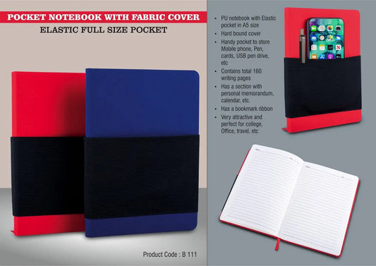 Pocket notebook with Fabric cover | Elastic full size pocket | A5 size | Hard bound cover | With memorandum & Bookmark ribbon| 80 gsm sheets | 160 undated pages