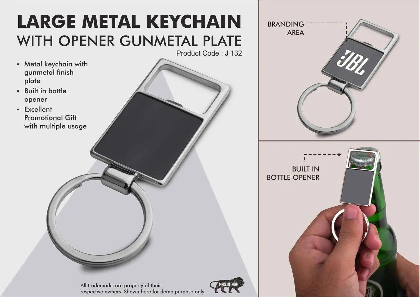 Large metal keychain with opener | Gunmetal plate