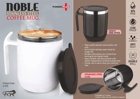 Noble: Stainless Steel Double wall Coffee mug with Pointy handle | Leakproof | Capacity 460ml approx