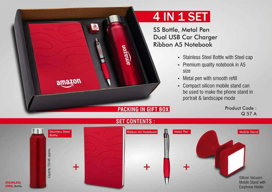 4 in 1 set: Steel bottle, Metal pen, Silicon mobile stand, Ribbon PU notebook