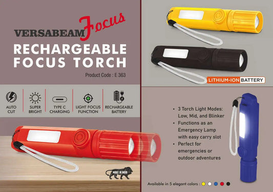 VersaBeam Focus: Rechargeable Focus Torch with 2 Light modes, Blinker and Emergency Lamp | Type C Charging | With Carabiner