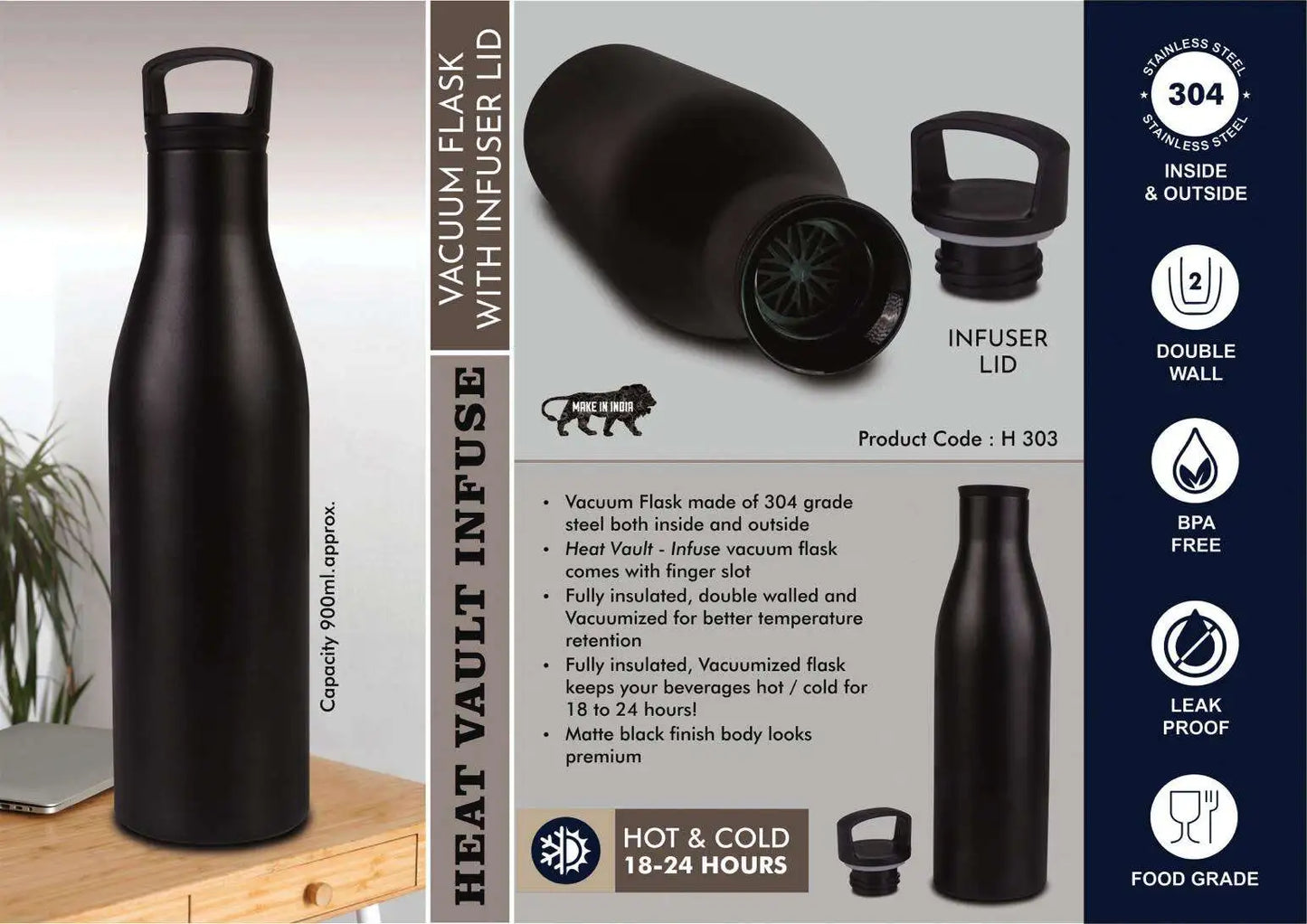 HeatVault Infuse: 900 ml vacuum flask with infuser lid | 304 steel inside & outside | 18 hours hot/cold