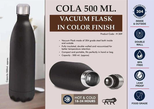 Cola 500 ml Vacuum flask in Color Finish | 304 steel inside & outside | 18 hours hot/cold