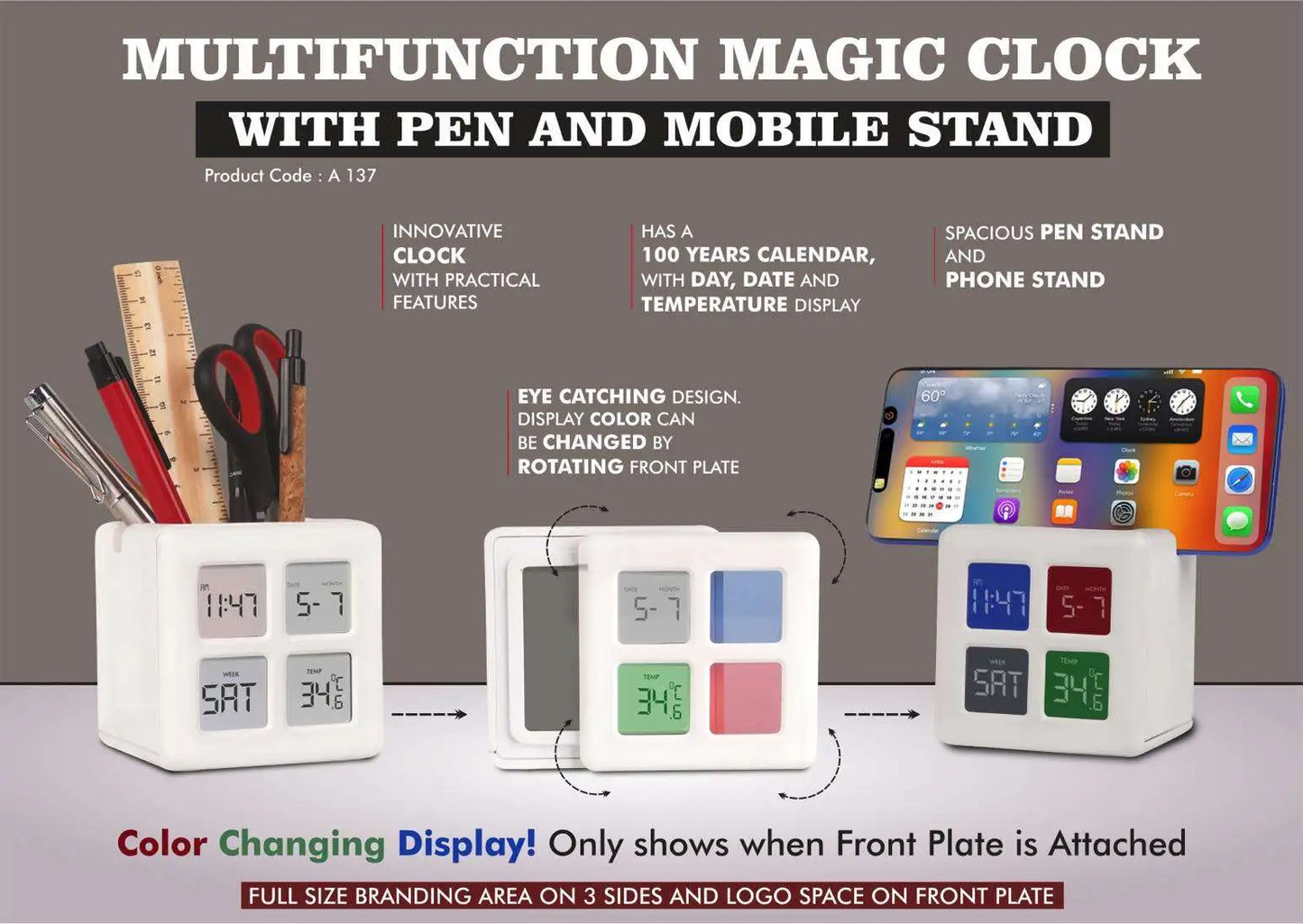 Multifunction Magic Table Clock with Tumbler | Color Changing Display | Spacious Pen Stand with Phone stand