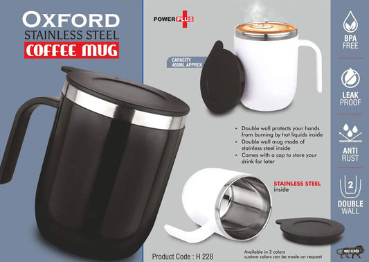 Oxford: Stainless Steel Double wall Coffee mug with Round handle | Leakproof | Capacity 460ml approx