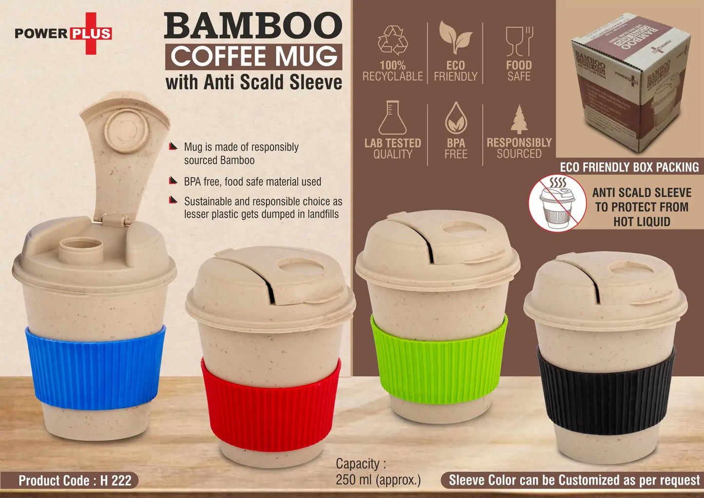 Bamboo Coffee mug: Eco friendly mug with flip top Lid and Anti-Scald sleeve | Capacity 250 ml