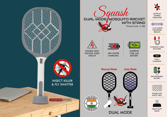Squash: Dual Mode Mosquito racket with stand | UV Light I Insect Killer & Fly Swatter I 1200 mAh rechargeable Battery