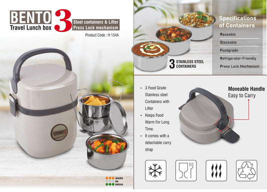 Bento Travel Lunch box with 3 Steel containers & Lifter | Press Lock mechanism