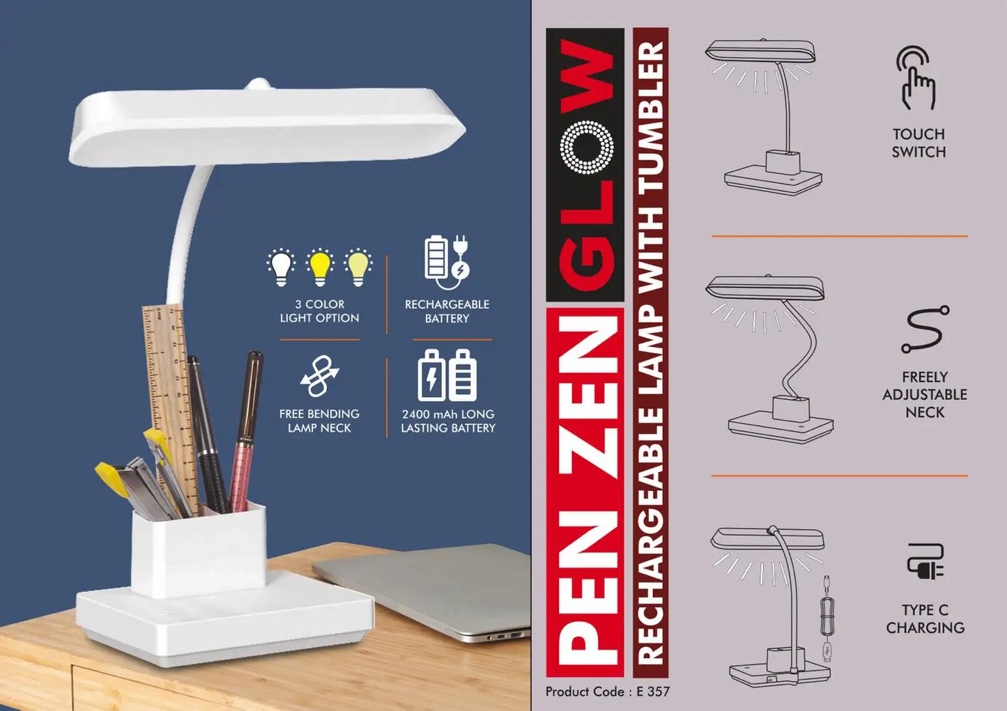 PenZen Glow: Rechargeable lamp with tumbler | 3 color light with Brightness adjustment | Double battery for twice as long working time | Side light adds to appearance