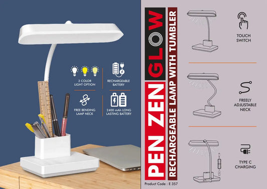 PenZen Glow: Rechargeable lamp with tumbler | 3 color light with Brightness adjustment | Double battery for twice as long working time | Side light adds to appearance