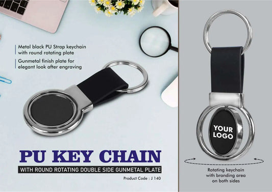 PU Key chain with Round Rotating Double side Gunmetal plate