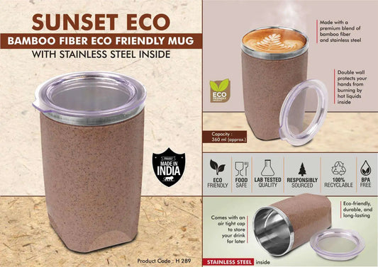 Sunset Eco: Bamboo Fiber Eco Friendly Mug with Stainless Steel Inside | Comes with Lid | Leak proof & BPA Free | Capacity 360 ml approx
