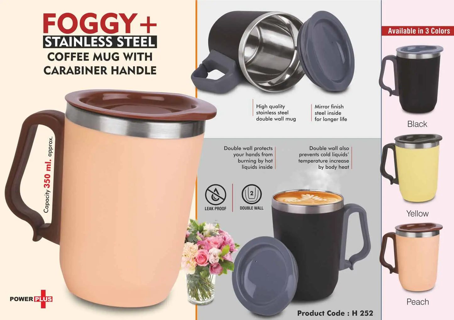 Foggy+ Stainless Steel coffee mug with Carabiner Handle | Leakproof Cap | Capacity 350ml approx