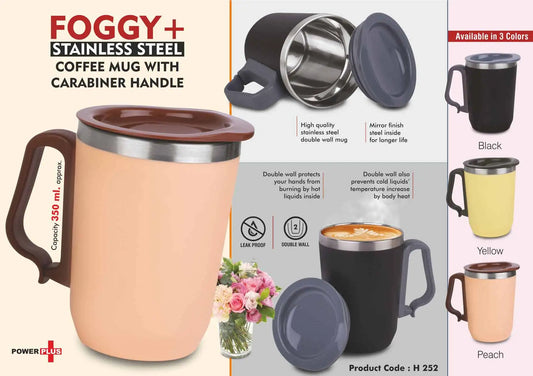 Foggy+ Stainless Steel coffee mug with Carabiner Handle | Leakproof Cap | Capacity 350ml approx