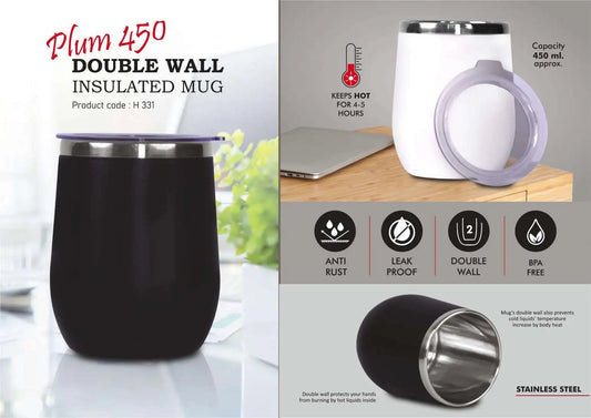 Plum 450: Double wall Insulated Mug | Keeps hot for 4-5 hours | Capacity 450ml Approx