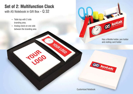 Set of 2: Multifunction clock with A5 notebook in gift box | Branding included MOQ 200 pc