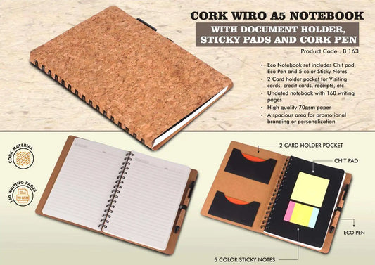 Cork Wiro notebook with Document Holder, Sticky pads and Cork Pen | A5 size
