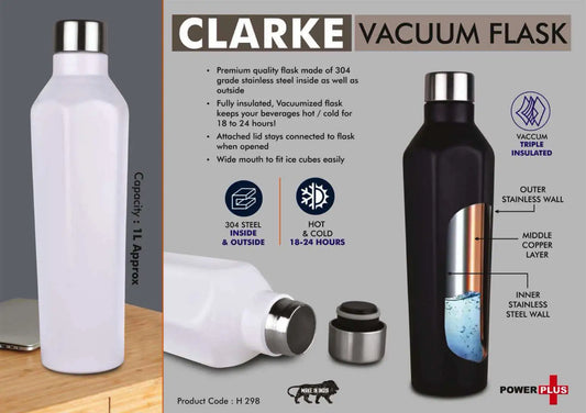 Clarke Vacuum Flask | 304 Grade Steel | Keeps hot for 18-24 hours | Copper Layer inside | Capacity 1L Approx