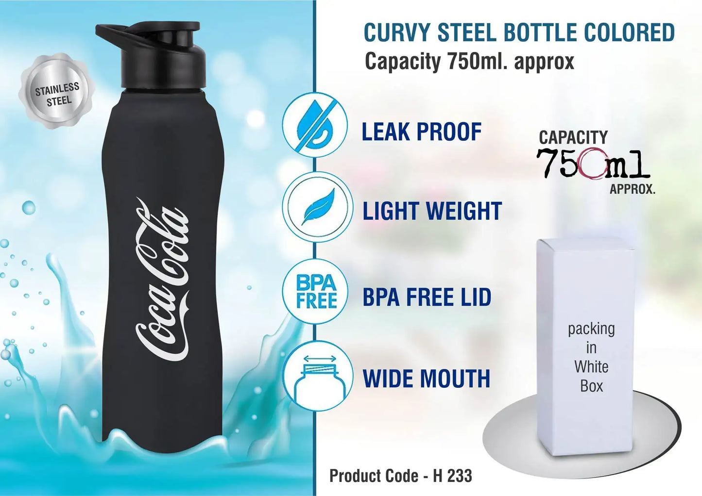 Curvy steel bottle Colored | Capacity 750ml approx