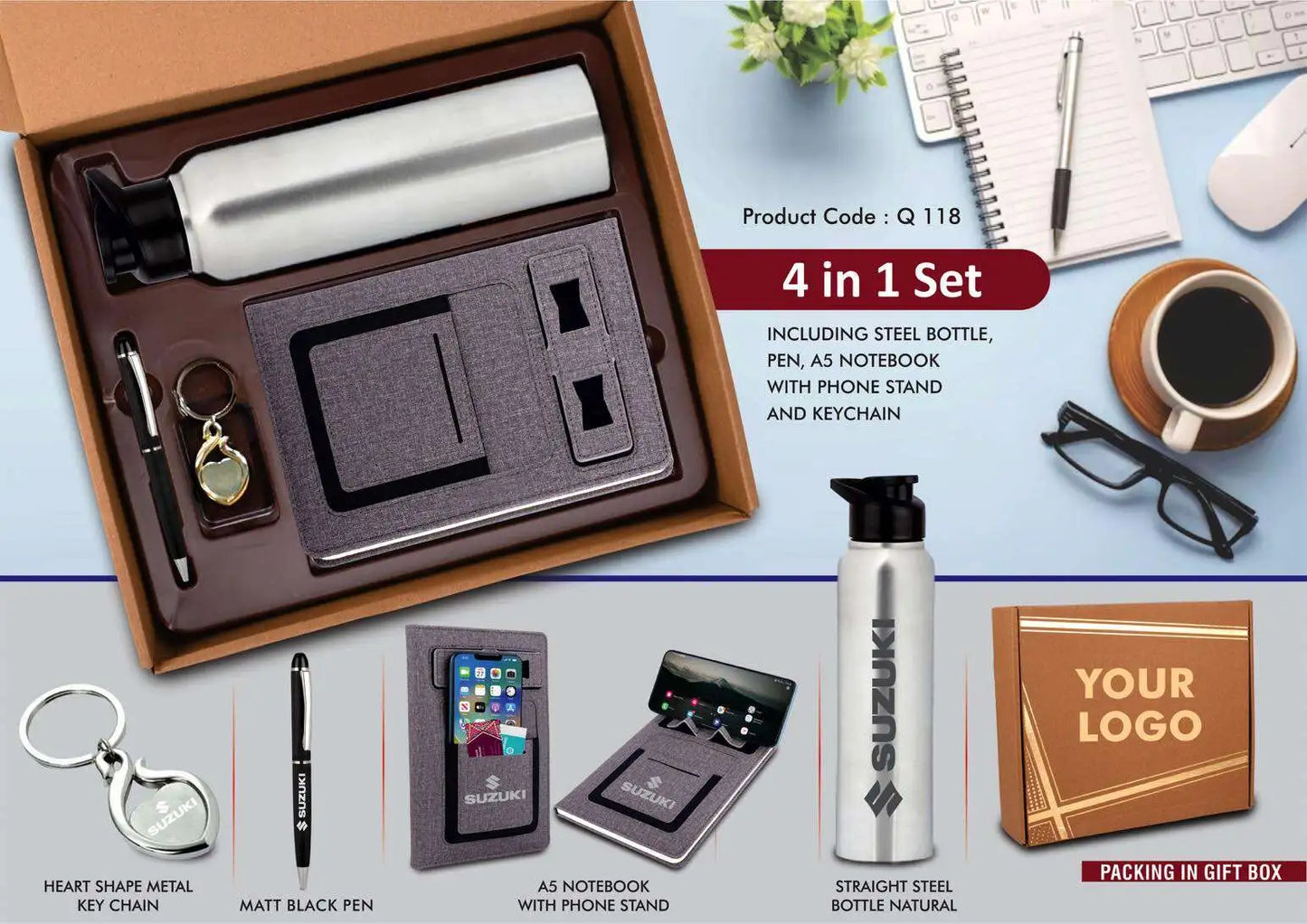 4 in 1 Gray set: Metal Keychain, SS natural bottle, Metal Pen and 4 in 1 notebook in Kraft Gift Box