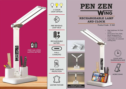 PenZen Wing: Rechargeable lamp with Dual tumbler | Clock with Temperature & Date | Double Lamp Heads | Phone stand function | 2000 mAh battery for long working time SKU: E360