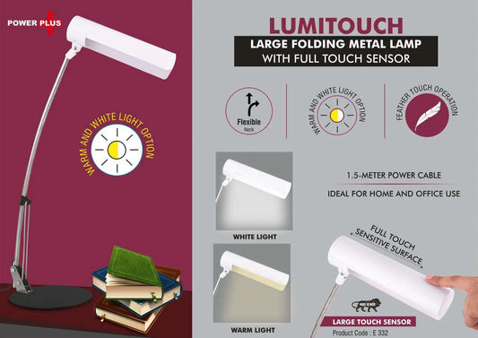 LumiTouch: Large folding Metal lamp with Full touch sensor | Warm and White Light option | Smooth dimmer function