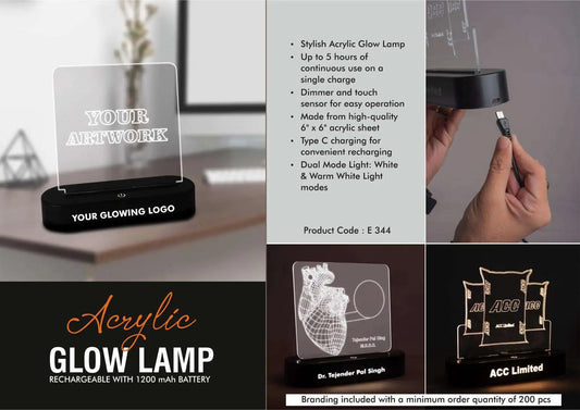 Acrylic Glow Lamp – Rechargeable| 1200 mAh battery| White & Warm white light| Dimmer & Touch Sensor| 6 x 6″ Acrylic sheet| Type C charging