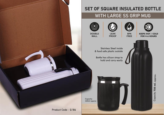 Set of Square Insulated bottle with Large SS Grip mug | Bottle Keeps hot for 4-6 hours