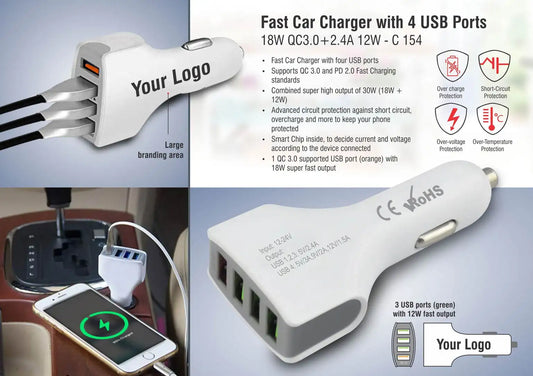 Fast car charger with 4 USB ports | 18W QC3.0+2.4A 12W