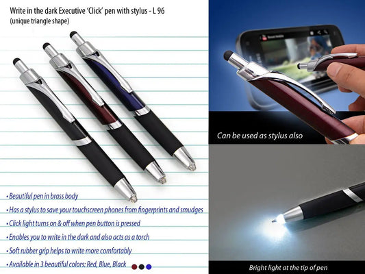 Write in the dark executive ‘Click’ pen with stylus (brass body) (Triangle shape)