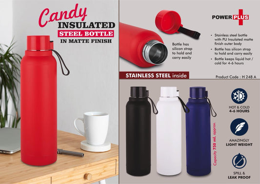 Candy: Insulated Steel Bottle with carry strap in Matte Finish | Keeps Hot & Cold for 4-6 Hours | Capacity 750 ml approx
