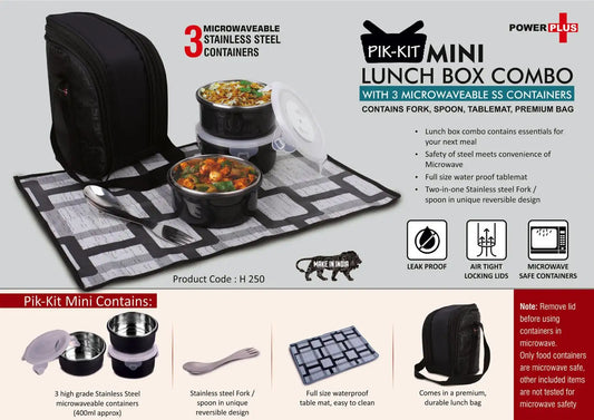 PIK-KIT mini: Lunch box combo with 3 Microwaveable SS containers | Contains Fork, Spoon, Tablemat, Premium Bag