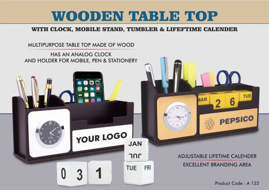 Wooden Table top with Clock, mobile stand, tumbler, and Lifetime Calendar | Branding included MOQ 200 pcs