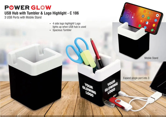PowerGlow USB hub with tumbler and logo highlight | 3 USB ports | with mobile stand