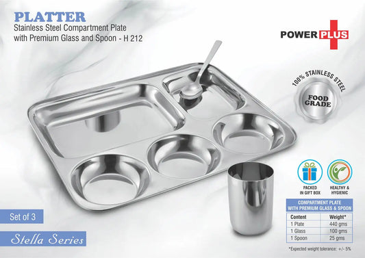 Platter: Stainless Steel Compartment plate with Premium glass and spoon | Set of 3