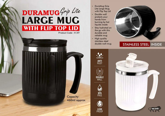 DuraMug Grip Lite: Large mug with Flip Top Lid | Capacity 460ml approx | Stainless steel inside