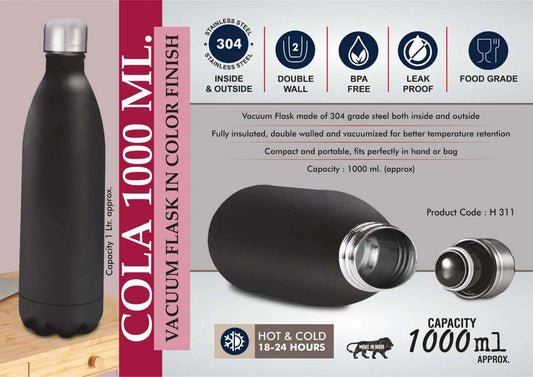 Cola 1000 ml Vacuum flask in Color Finish | 304 steel inside & outside | 18 hours hot/cold