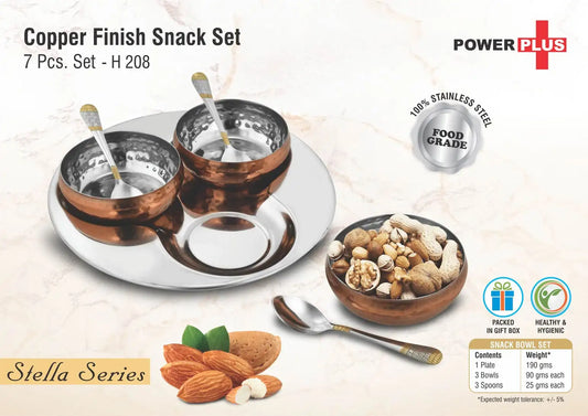 7 pc Copper finish Snack set | 3 Snack bowls with spoons & Serving tray