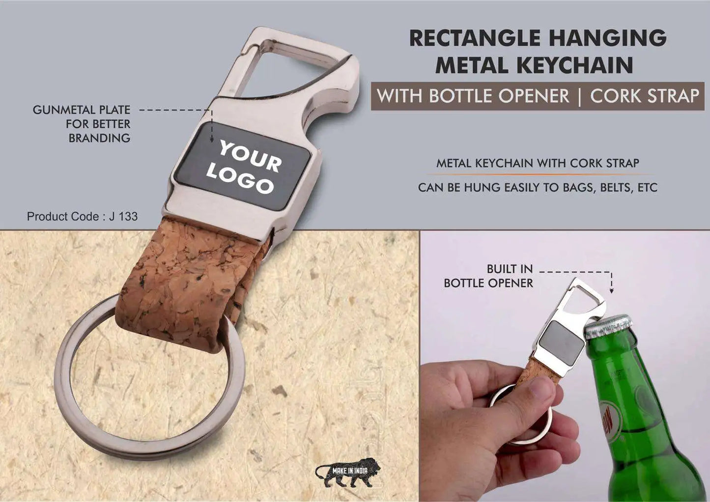 Rectangle hanging metal keychain with Bottle Opener | Cork strap