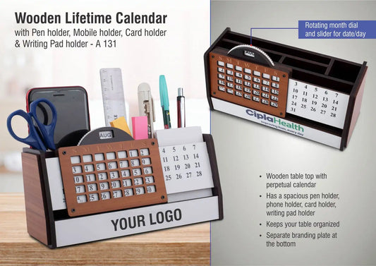 Wooden Lifetime calendar with Pen holder, Mobile holder, Card holder and Writing Pad holder | Branding included MOQ 100pc