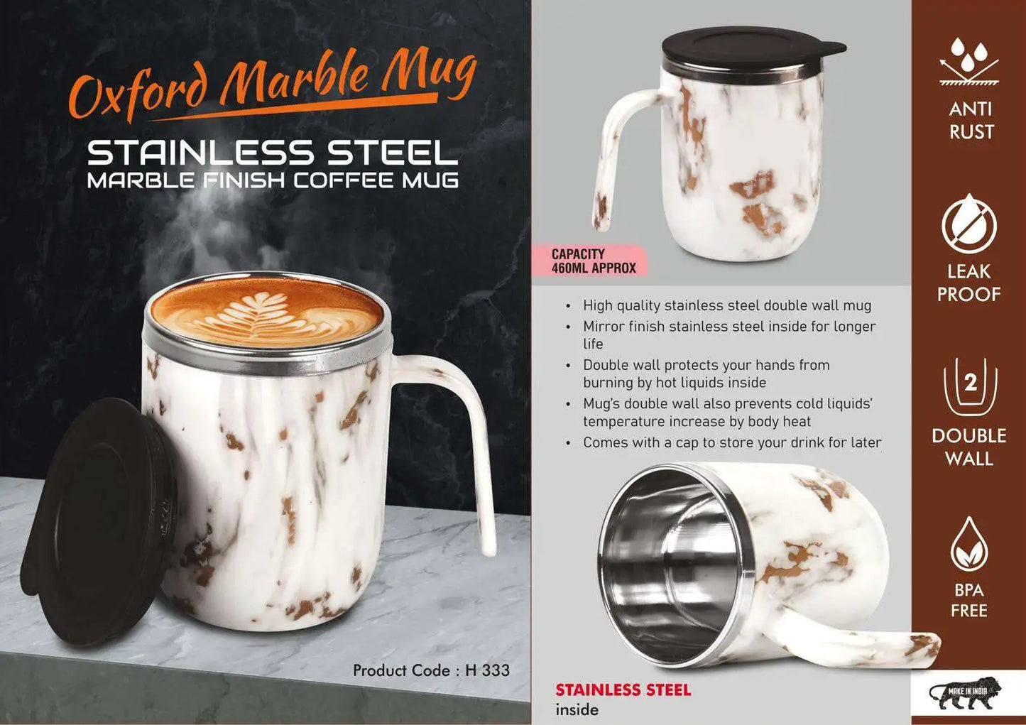 Oxford Marble Mug: Stainless Steel Double wall Coffee mug Marble Finish | Leakproof | Capacity 460ml approx
