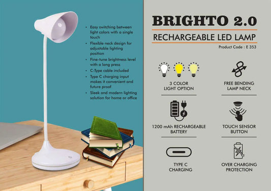 Brighto 2.0 : Rechargeable LED lamp | 3 Color light with Brightness adjustment | Type C Charging