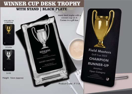 Winner Cup Desk Trophy with stand | Shiny Chrome Cup with Black Plate