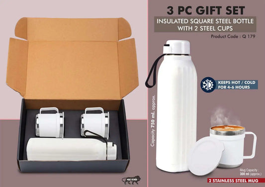 3 pc Gift Set : Insulated Hexa Steel bottle with 2 Steel cups | Keeps hot for 4-6 hours