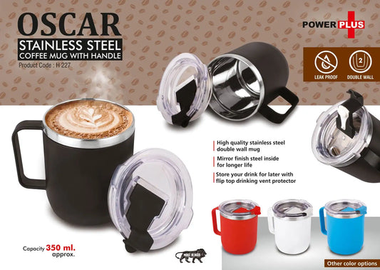 Oscar: Stainless Steel coffee mug with handle | Premium clear cap with flip top lid | Leakproof | Capacity 350ml approx