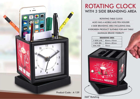 Rotating clock with 3 side branding area | Has pen stand & large stationery holder | Branding included MOQ 200 pc